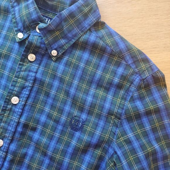 Boy's Vintage 90s Chaps Blue Green Plaid Button Down Shirt - Picture 3 of 4